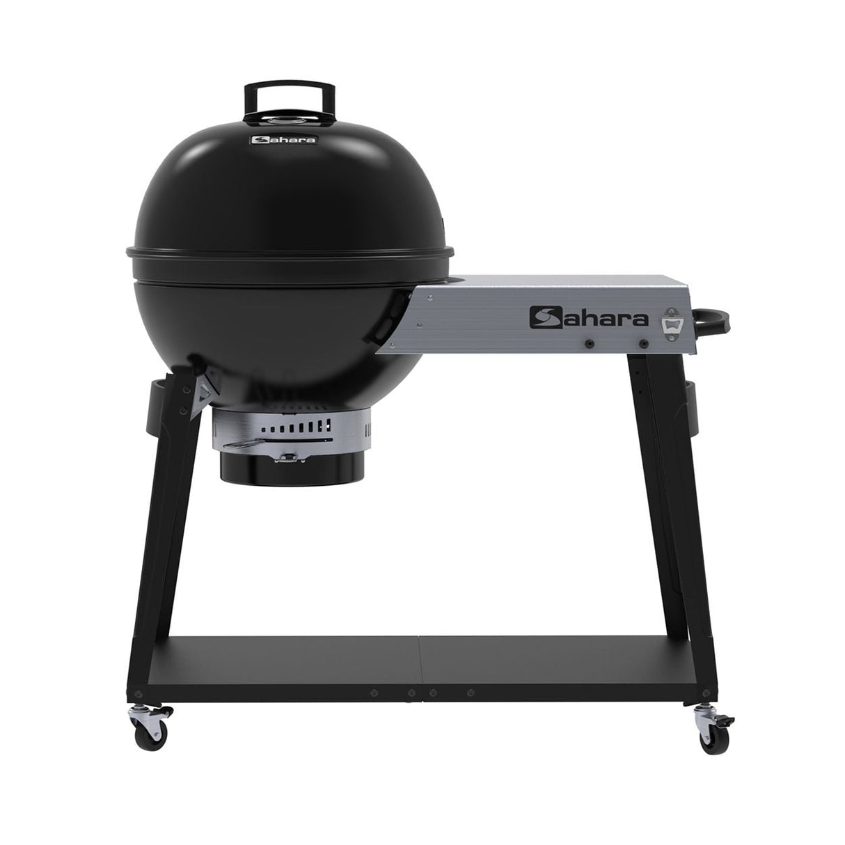 Sahara Forge Host black charcoal BBQ grill with dome lid, grey control panel, black steel frame and wheeled cart base on white background