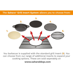 Sahara Grill Insert System diagram showing five interchangeable cooking options for charcoal BBQ including ceramic pizza stone, wok bowl, grill plate, perforated grate and standard grill grate with red arrows indicating compatibility with black metal grill base
