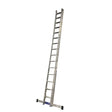 Stradbally 22ft two section aluminum extension ladder with silver metal rails and rungs, displayed against white background with stabilizer bar at base