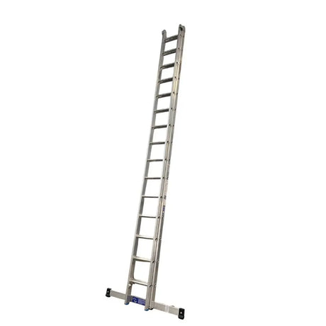 Stradbally 22ft two section aluminum extension ladder with silver metal rails and rungs, displayed against white background with stabilizer bar at base