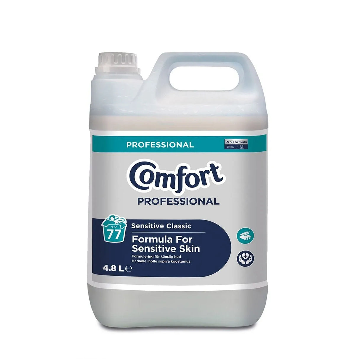 Comfort Professional Sensitive Classic fabric softener 4.8 litre bottle with teal and navy label, clear plastic container with handle for laundry care