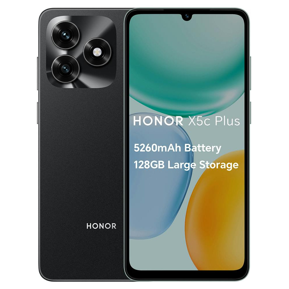 Honor X5c Plus smartphone in midnight black showing triple rear camera setup with 5260mAh battery and 128GB storage displayed on teal and gold gradient screen