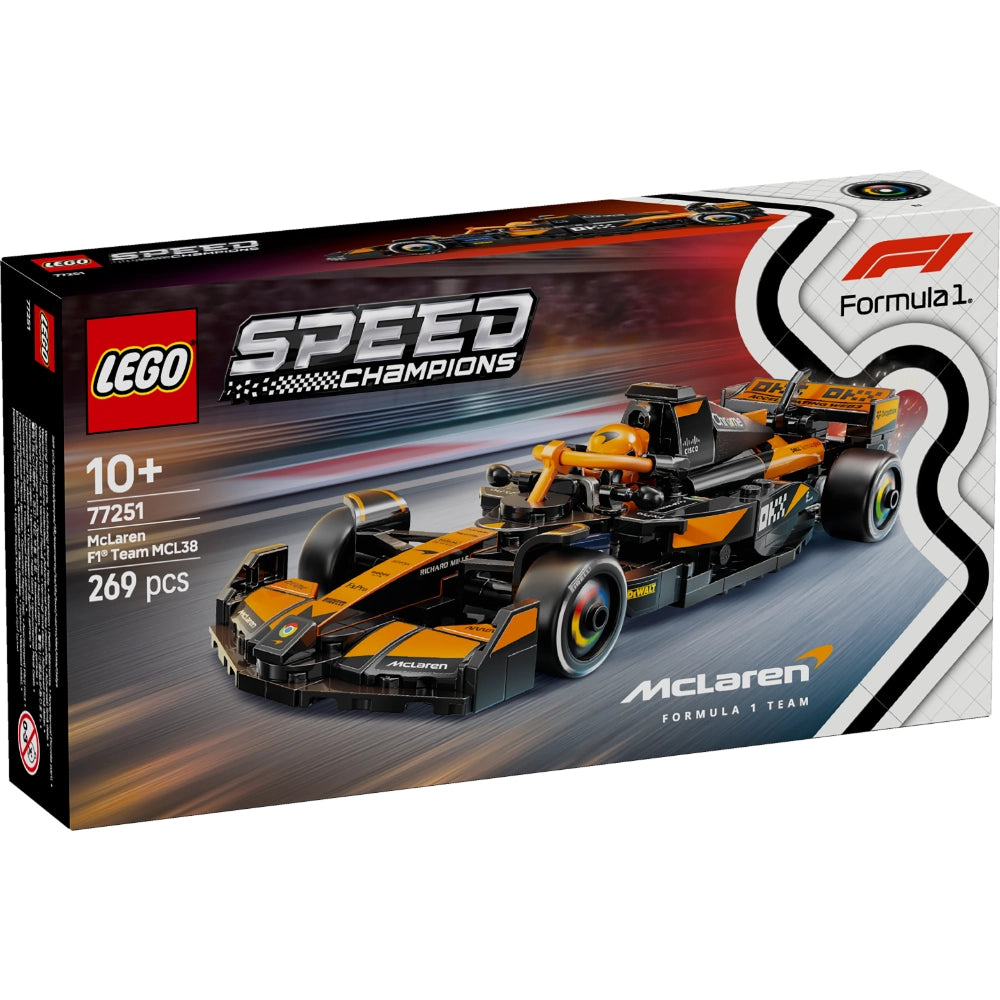 LEGO Speed Champions McLaren F1 Team MCL38 race car building set 77251 featuring orange and black Formula 1 vehicle with 269 pieces shown in packaging box for ages 10+