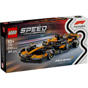 LEGO Speed Champions McLaren F1 Team MCL38 race car building set 77251 featuring orange and black Formula 1 vehicle with 269 pieces shown in packaging box for ages 10+