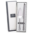 Newgrange Living Adare 2-piece stainless steel cake server set in gift box with ornate handles displayed open showing server and spreader utensils