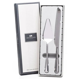 Newgrange Living Adare 2-piece stainless steel cake server set in gift box with ornate handles displayed open showing server and spreader utensils