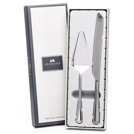 Newgrange Living Adare 2-piece stainless steel cake server set in gift box with ornate handles displayed open showing server and spreader utensils