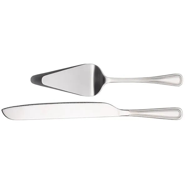 Newgrange Living Adare two-piece stainless steel cake server set featuring a triangular cake server with solid blade and a serrated cake knife with decorative beaded handle detail on white background