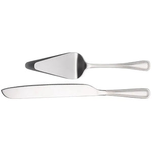 Newgrange Living Adare two-piece stainless steel cake server set featuring a triangular cake server with solid blade and a serrated cake knife with decorative beaded handle detail on white background