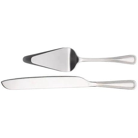 Newgrange Living Adare two-piece stainless steel cake server set featuring a triangular cake server with solid blade and a serrated cake knife with decorative beaded handle detail on white background