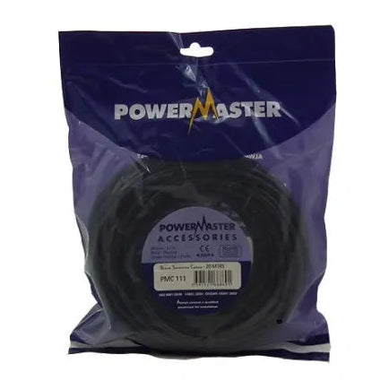 Powermaster black satellite cable 20 metre coiled in purple retail packaging with product label and barcode