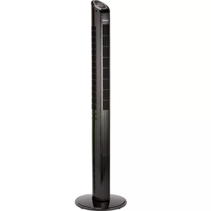 Black Dimplex Mont Blanc tower fan with vertical slat design and circular base, featuring a control dial on top