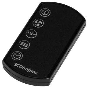 Black Dimplex Mont Blanc cooling tower fan remote control with five touch buttons displaying fan speed, timer, oscillation and power symbols