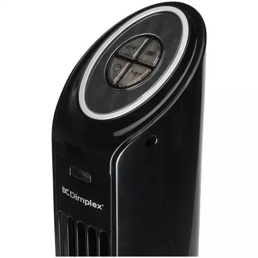 Dimplex Mont Blanc black tower fan with remote control and silver accents showing four-button control panel and vertical louvre design