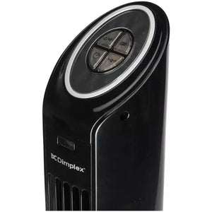 Dimplex Mont Blanc black tower fan with remote control and silver accents showing four-button control panel and vertical louvre design