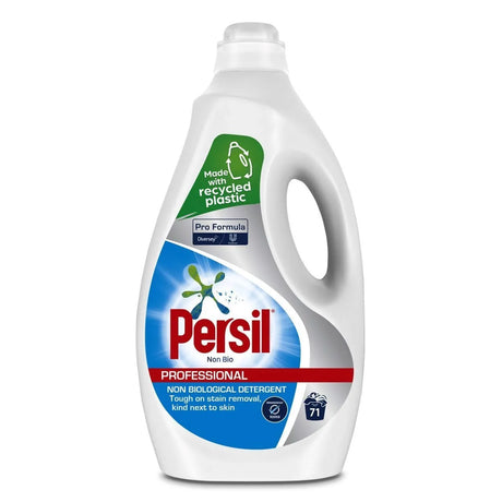 Persil Non Bio Professional liquid washing detergent 5 litre bottle with white plastic container, green recycled plastic badge, blue circular logo with green starburst design, red Persil branding, and 71 wash indication on white background