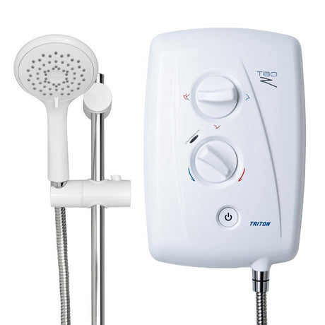 Triton T80Z white electric shower unit with dual control dials and power button, shown with detachable showerhead and flexible hose against white background