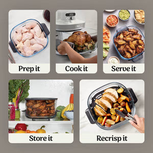 Ninja CRISPi PRO 7 in 1 XL Glass Air Fryer infographic showing five steps: prep raw chicken in blue bowl, cook chicken in air fryer with digital display, serve golden crispy chicken with side dishes in blue basket, store leftovers in glass container in refrigerator, and recrisp chicken in air fryer basket with utensil