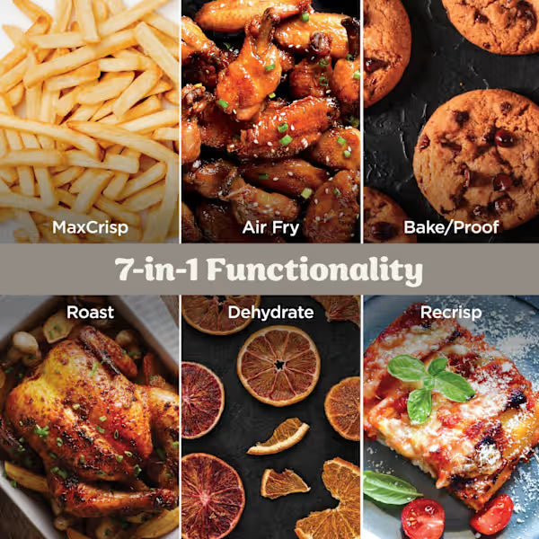 Ninja CRIPSi PRO 7-in-1 XL Glass Air Fryer product showcase displaying seven cooking functions including MaxCrisp fries, Air Fry chicken wings, Bake/Proof cookies, Roast chicken, Dehydrate citrus slices, and Recrisp pizza on black background