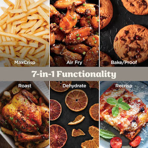 Ninja CRIPSi PRO 7-in-1 XL Glass Air Fryer product showcase displaying seven cooking functions including MaxCrisp fries, Air Fry chicken wings, Bake/Proof cookies, Roast chicken, Dehydrate citrus slices, and Recrisp pizza on black background