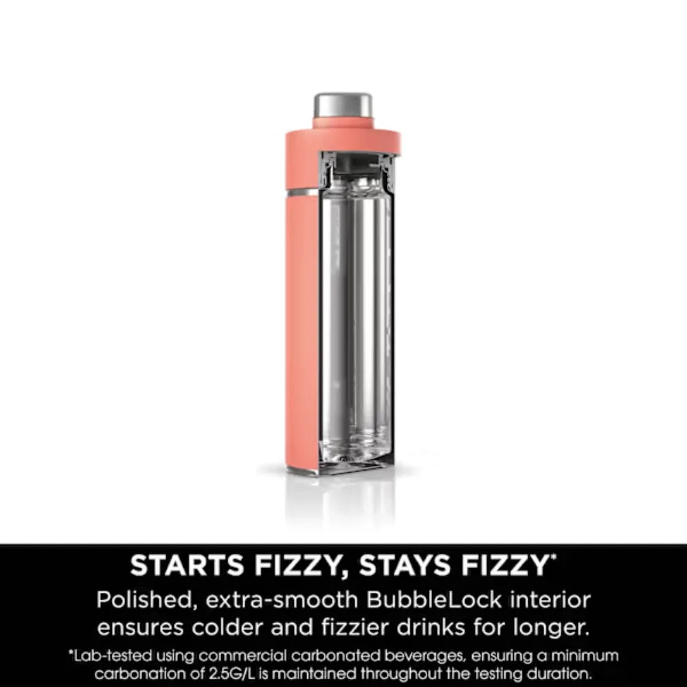 Ninja Thirsti 530ml insulated travel bottle in coral with stainless steel interior, featuring polished BubbleBlock technology to keep drinks fizzy and cold, shown against white background with product description below