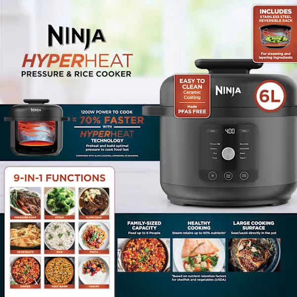 Ninja HyperHeat 6L 9-in-1 Pressure and Rice Multi Cooker - Black | PC201UK