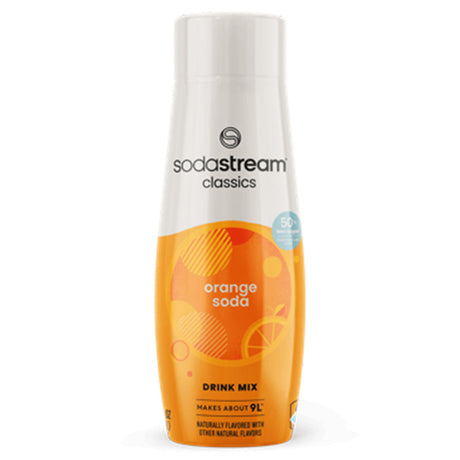 SodaStream Classics orange soda drink mix bottle 440ml with white cap and orange label showing orange slices and text indicating it makes about 9 liters