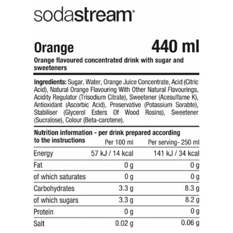 Sodastream Orange 440ml concentrated drink bottle label showing ingredients and nutrition information including 3.3g sugars per 100ml and 8.2g per 250ml serving