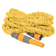 Hozelock Superhoze 7.5 metre expanding anti kink garden hose in yellow with grey and orange connector fittings coiled up against white background