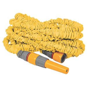 Hozelock Superhoze 7.5 metre expanding anti kink garden hose in yellow with grey and orange connector fittings coiled up against white background