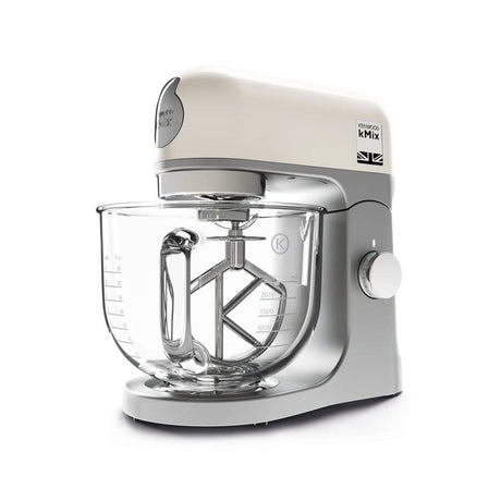 Kenwood kMix cream and grey stand mixer with 5 litre glass bowl, flat beater and whisk attachments, 1000W power