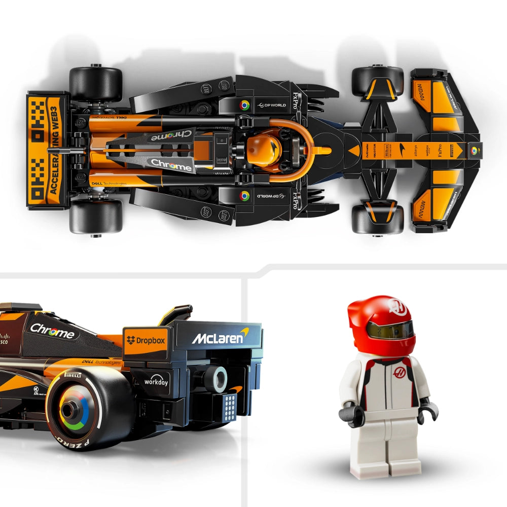 Top-down view of orange and black LEGO McLaren F1 Team MCL38 race car with detailed cockpit, alongside close-up of sponsor logos including Chrome and Dropbox, and a red and white LEGO racing driver minifigure