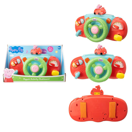 Colorful toy dashboard with steering wheel and car figures, including packaging, on a white background.