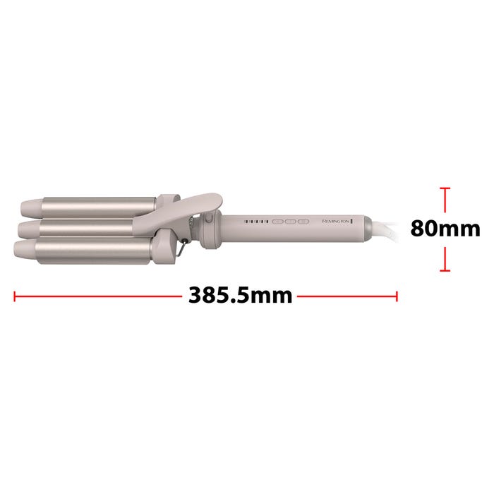 Remington Trendology 5 in 1 Hair Curler in champagne stone with dimensions 385.5mm length and 80mm width, featuring multiple interchangeable barrel attachments and heat control dial