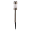 Solar garden stake light with stainless steel top and clear acrylic tube featuring LED lamp, mounted on black metal spike for ground insertion