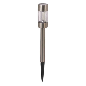 Solar garden stake light with stainless steel top and clear acrylic tube featuring LED lamp, mounted on black metal spike for ground insertion