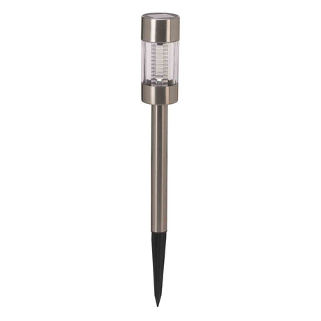 Solar garden stake light with stainless steel top and clear acrylic tube featuring LED lamp, mounted on black metal spike for ground insertion
