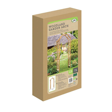Woodland Garden Arch packaging box in tan cardboard featuring product image of wooden garden arch with climbing plants in a garden setting