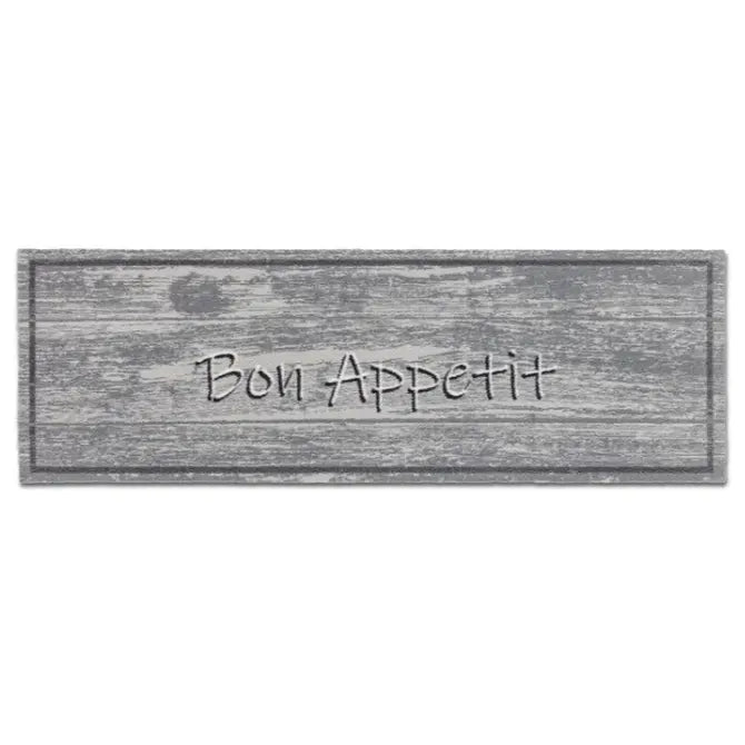 Grey weathered wood runner mat 50cm x 150cm with Bon Appetit text in cursive lettering, kitchen floor mat with distressed finish