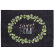 Dark grey coir doormat with eucalyptus leaf wreath design in soft green and white text reading sweet home, 50cm x 70cm size