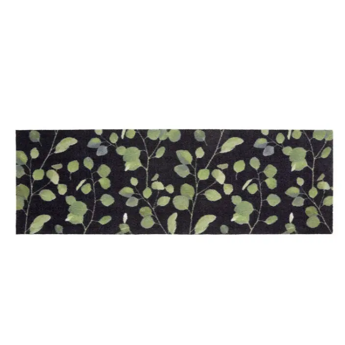 Miabella runner mat 50cm x 150cm with eucalyptus leaf pattern in green and grey on dark charcoal background