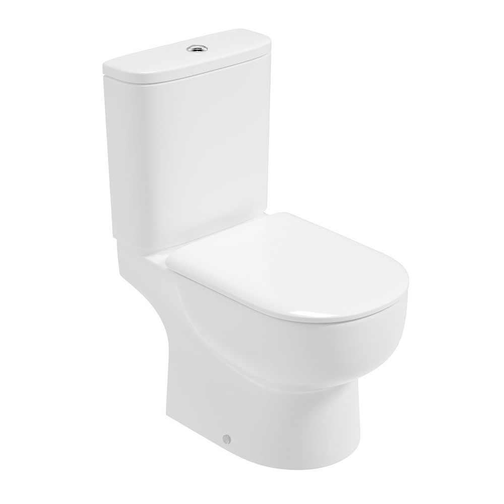 White ceramic closed coupled rimless toilet with soft close seat and cistern, modern design with fully shrouded pan and open back configuration