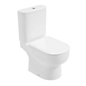 White ceramic closed coupled rimless toilet with soft close seat and cistern, modern design with fully shrouded pan and open back configuration