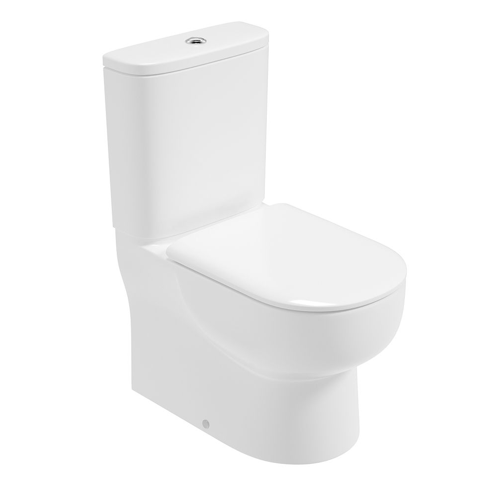 White ceramic closed coupled rimless toilet with soft close seat, fully shrouded design and open back, modern contemporary style bathroom fixture