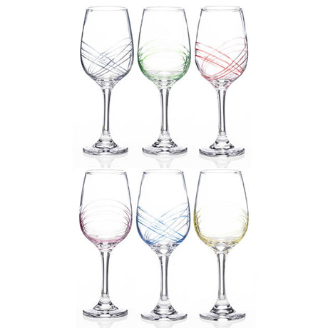 Set of 6 Newgrange Living Swirl Party Hi-Ball glasses arranged in two rows, featuring hand-painted swirl designs in grey, green, pink, purple, blue, and yellow on clear glass with elegant stems
