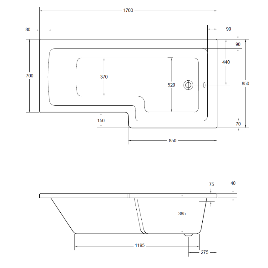 L SHAPE 1700x850mm Shower Bath & Bath Panel White with Bath Screen Chrome