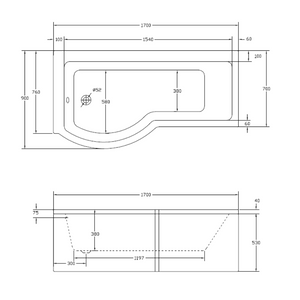 P SHAPE 1700x900mm Single Ended Shower Bath & Panel White with Bath Screen Chrome