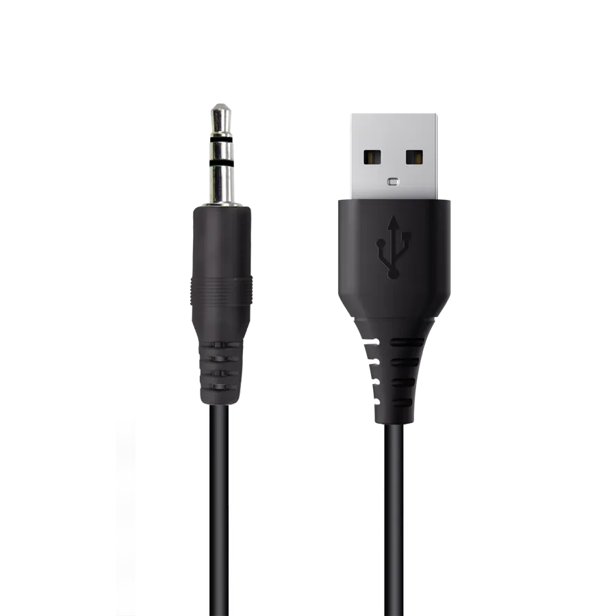 Black USB and 3.5mm audio cable connectors for Trust Remo Computer 2.0 speakers isolated on white background