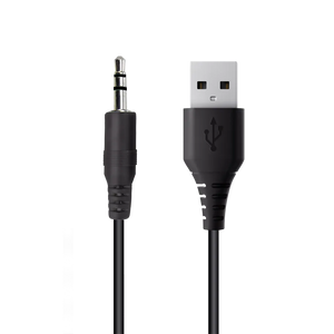 Black USB and 3.5mm audio cable connectors for Trust Remo Computer 2.0 speakers isolated on white background