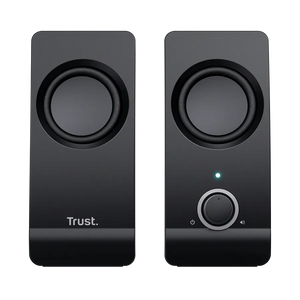 Trust Remo Computer 2.0 USB Speaker Set in black with dual drivers, power button and volume control on right speaker, compact desktop audio system